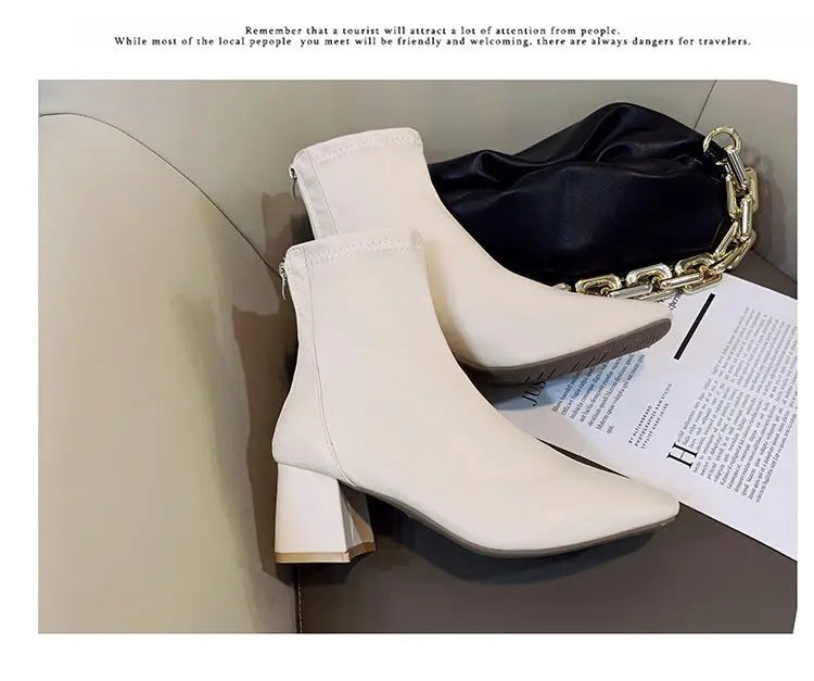 Ladies Bla High Heel ort Boots Spring Autumn Briti Sle Square Head  Boots Faionable Waterproof PU Leather