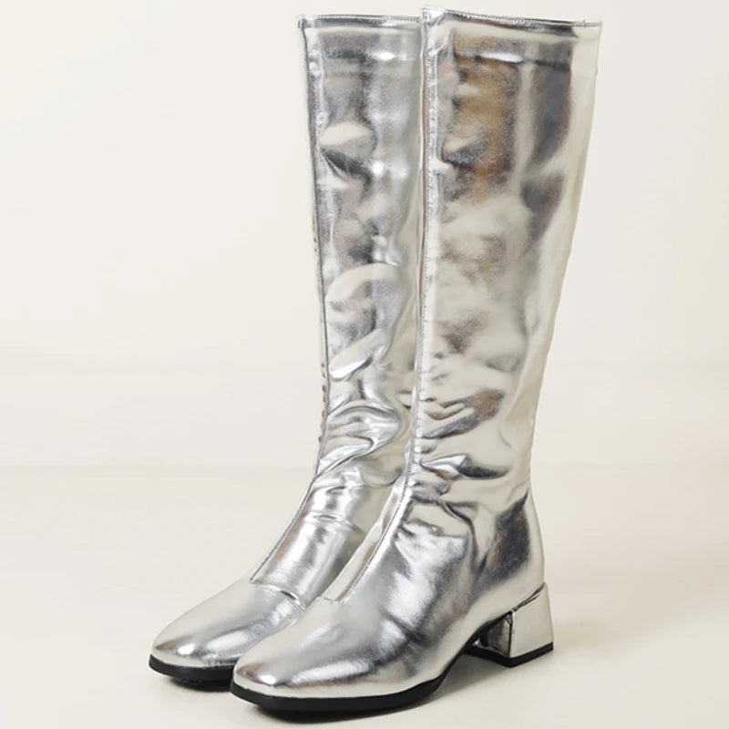 Women's Knee High Boots Winter Shoes 2026 Gold Silver Low Heeled Long Boot Ladies Party Footwear Shoes Large Size 45 Waterproof