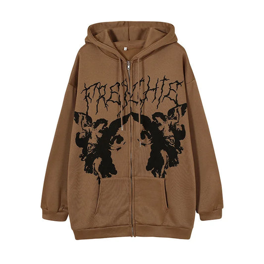 Women Vintage Angel Print Hooded Jacket Men Zip Up Long Sleeve Pocket Autumn Winter Streetwear Coat Y2K Aesthetic Loose Hoodies