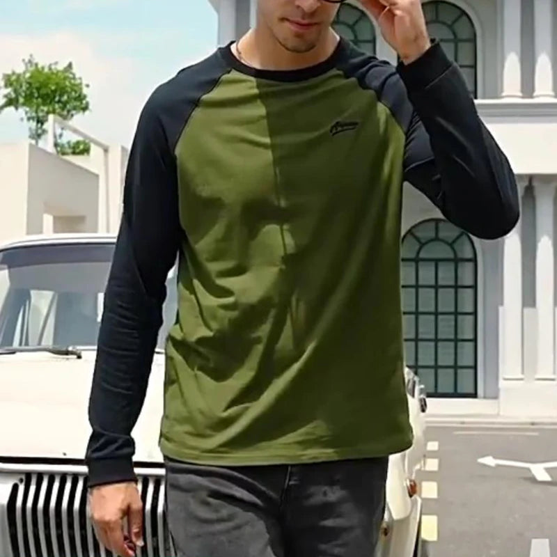 New 100% Cotton Men T-shirts Long Sleeve Splicing Tops Spring Autumn Casual Streetwear O-neck Slim Tees Men's Bottom T-shirt