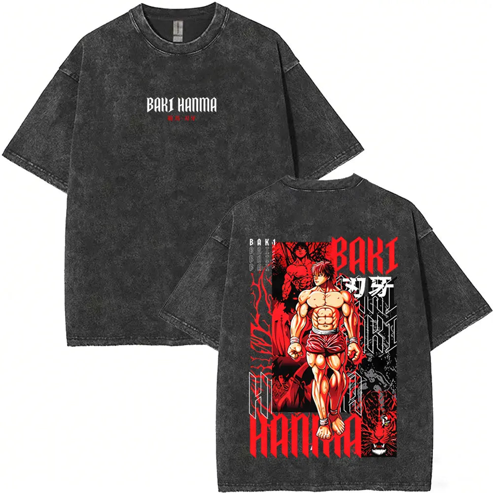 Washed Vintage Anime Baki Hanma Wake Up T-shirt Men Women Retro Manga Oversized T-shirts Men's Casual Cotton T Shirts Streetwear