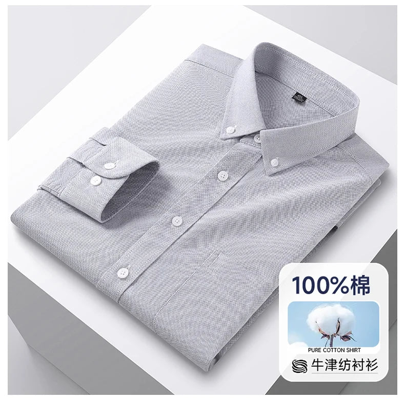 100% Cotton Men's Oxford Shirts Spring Autumn Long Sleeve Basic Casual Solid Striped Button Down Social Business Formal Plus 5XL