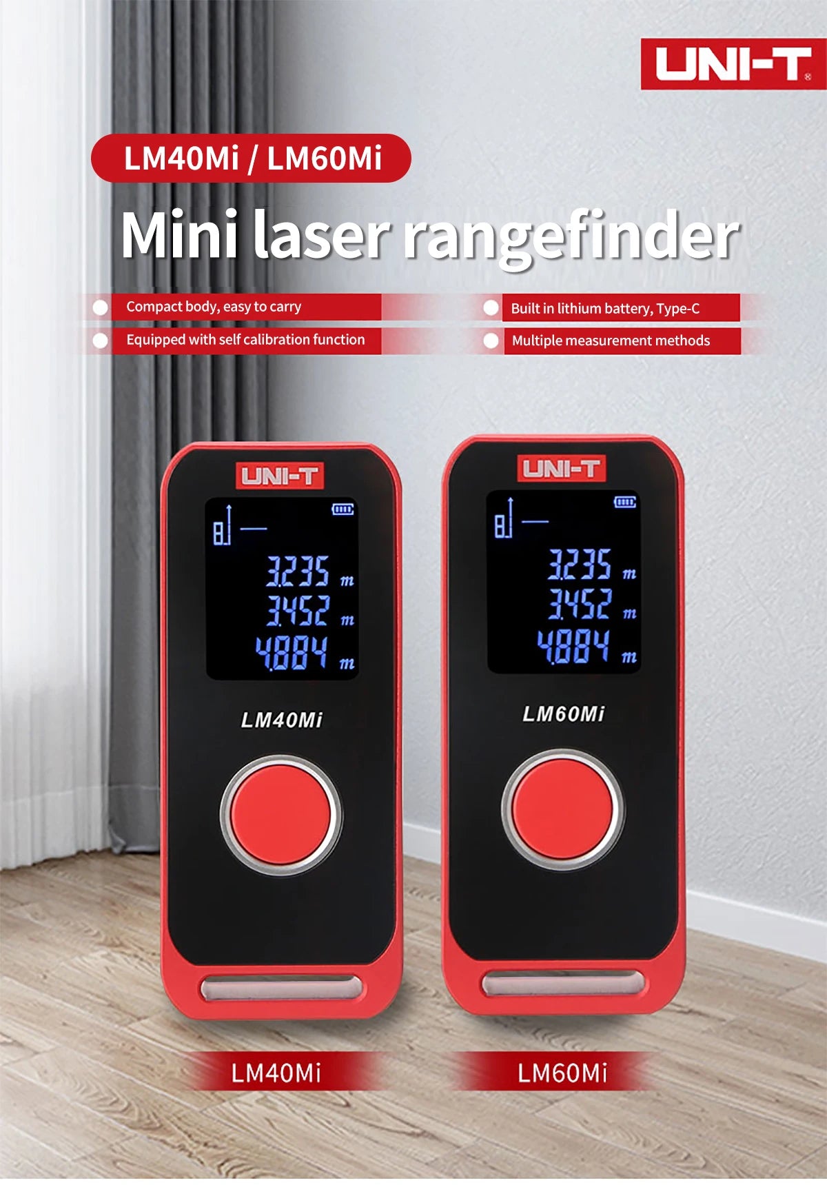 UNI-T Mini Laser Distance Meter 40m 60m Range Finder LED Display Digital Tape Measure Rechargeable Handheld Rangefinder
