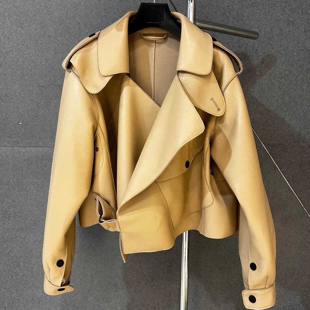 Woman Oversized Blue Leather Jacket Real Sheepskin Leather Coat 2025 New Arrival Jackets