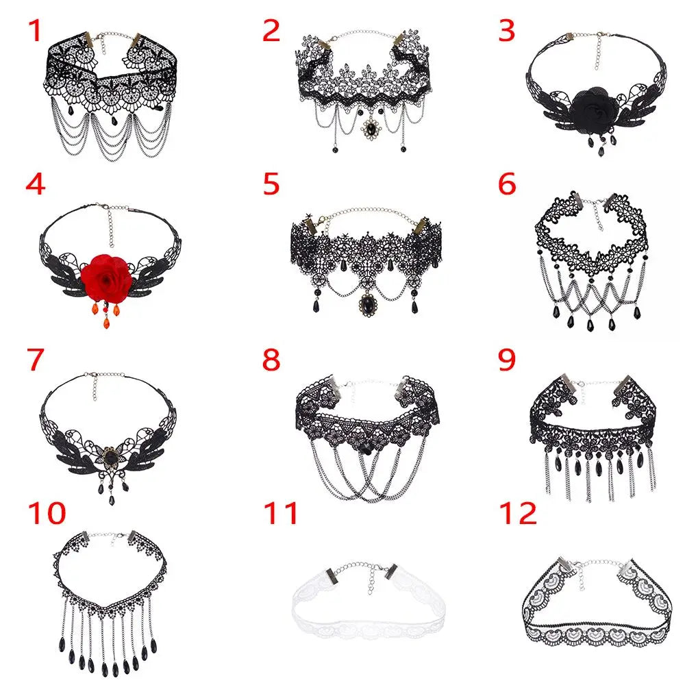 Sexy Neck Chain Steampunk Style Collar Chocker Gemstone Pendant Black Lace Gothic Necklace
