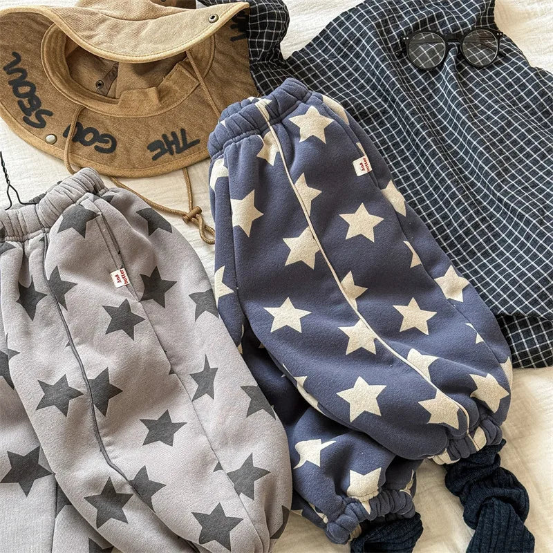 2025 Winter New Children Plus Velvet Thick Casual Pants Fashion Print Boys Fleece Sweat Pants Girls Warm Trousers Kids Clothes