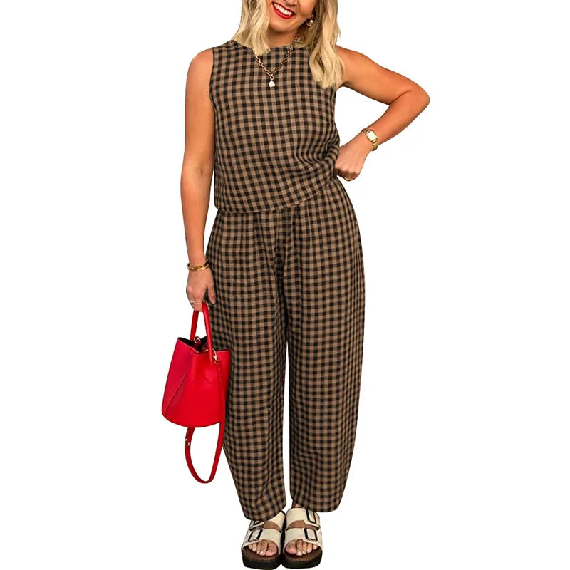 Fashion Women's Pants Set Printed Plaid Sleeveless 2025 Spring Summer Relaxed Vest Nine Point Pants Home Wear Female 2 Piece Set