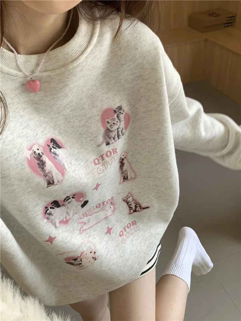 KOSAHIKI Cute Hoodies Women Letter Dog Print Sudaderas Mujer O-neck Sweatshirt Harajuku Streetwear Y2k Pullover Moletom Feminino