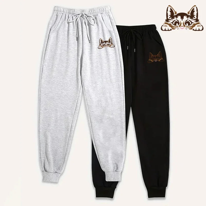 Women's Sweatpants 2 Pack Pure Color Joggers Fall Winter Casual Lounge Wear Comfort Fit Sporty Pants Cute Cat Print 2piece Pants