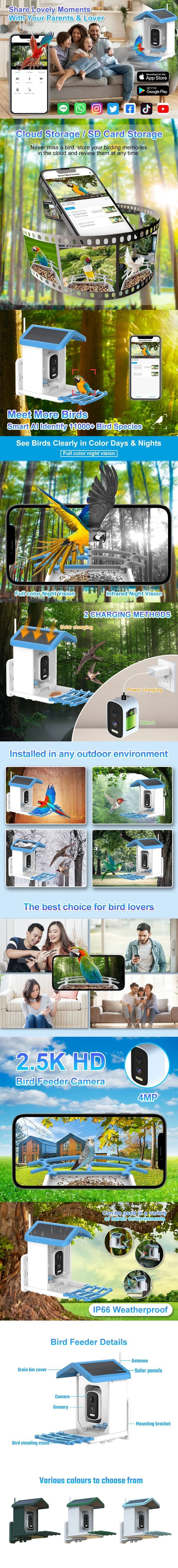 Solar Bird Smart Feeder AI Camera 5.0Megapixel Low Power Night Vision IP66 Waterproof WIFI 1.5L Capacity Feeder Camera Gift Box
