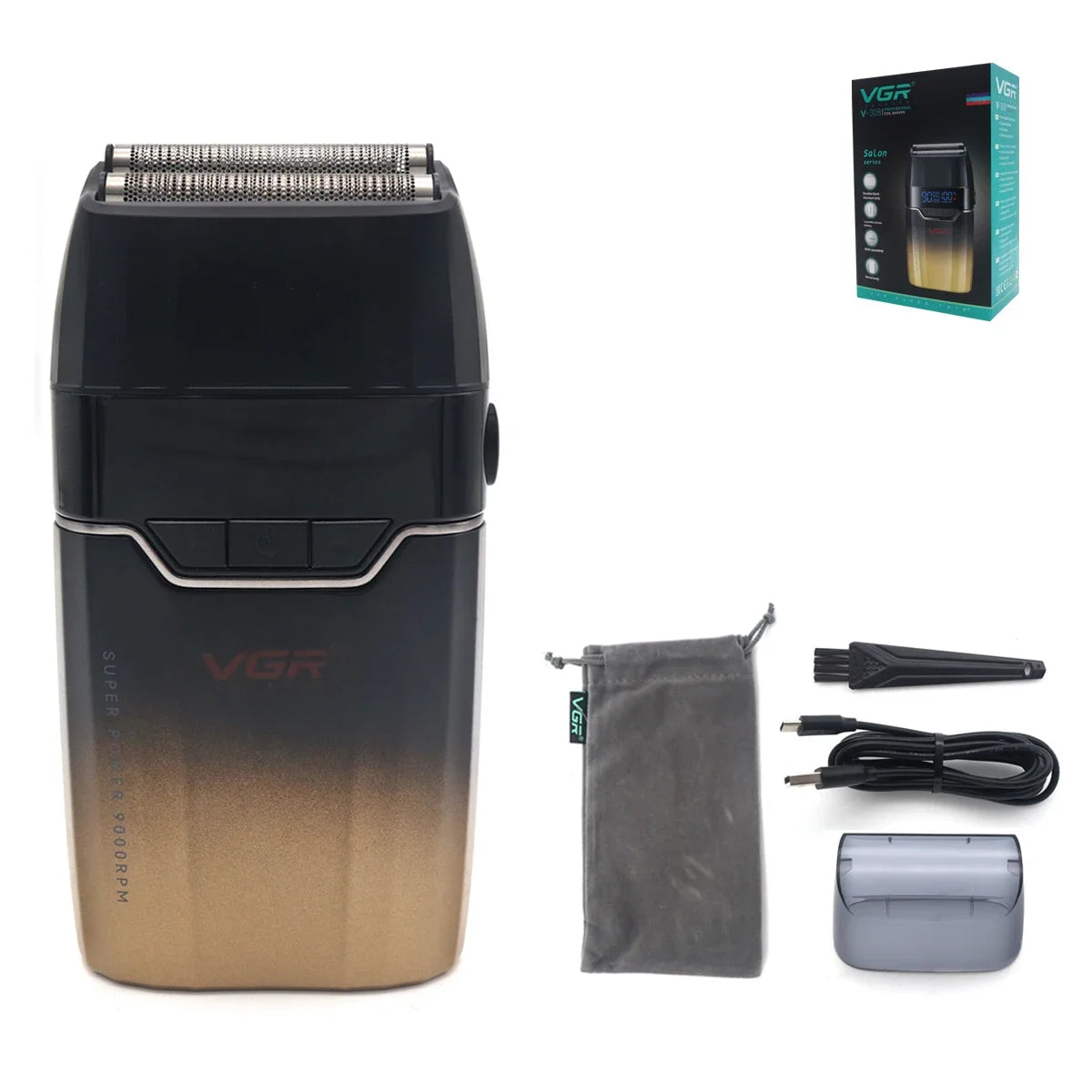 VGR V308 Beard Trimmer for Men Double Foil Full Metal LCD Display 9000RPM Electric Shaver Barber Professional Barber Machines
