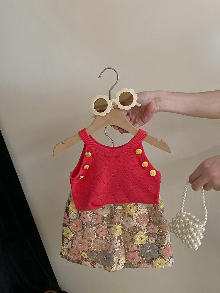 Summer Set Top 2024 New Girls Design Tank Top Flower Short Skirt Set Baby Girl Sweet Cute Temperament Clothes