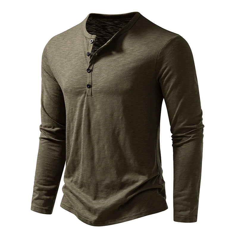 New Men's Cotton Henley T Shirt Long Sleeve T-Shirts Basic Casual Button Collar Breathable Daily Top Tees