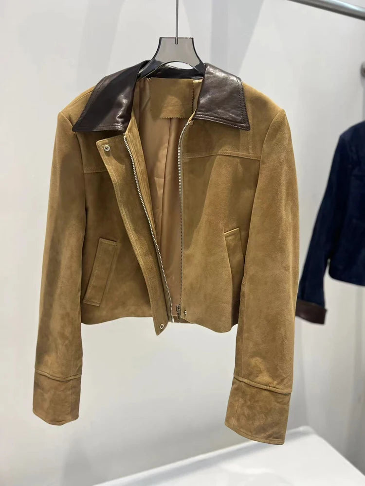 European Imported Suede Jacket Women 2025 Autumn Winter Branded New Contrasting Leather Coat Navy Blue Short Locomotive Casacos