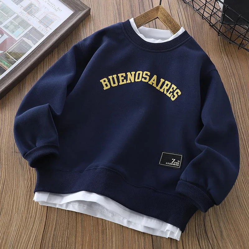 2026 Autumn Spring New Teen Boys Hoodies Solid Color Letter Print Long Sleeve Sweatshirt For 5-12Y Kids Sports Casual Pullover