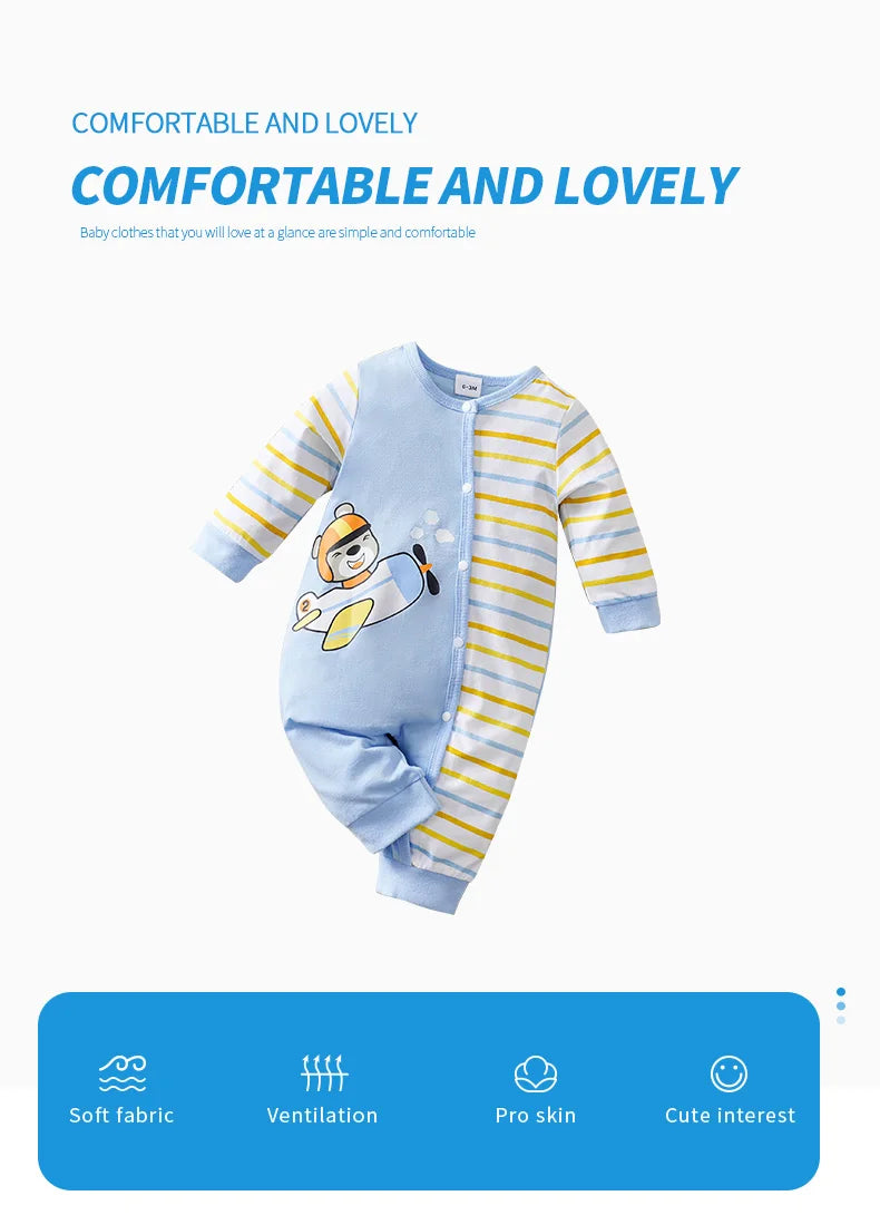 Newborn Baby Clothes cotton 0-12 Months blue Flying bear stripe print Spring and autumn Long Sleeve unisex Kids Jumpsuit Pyjama