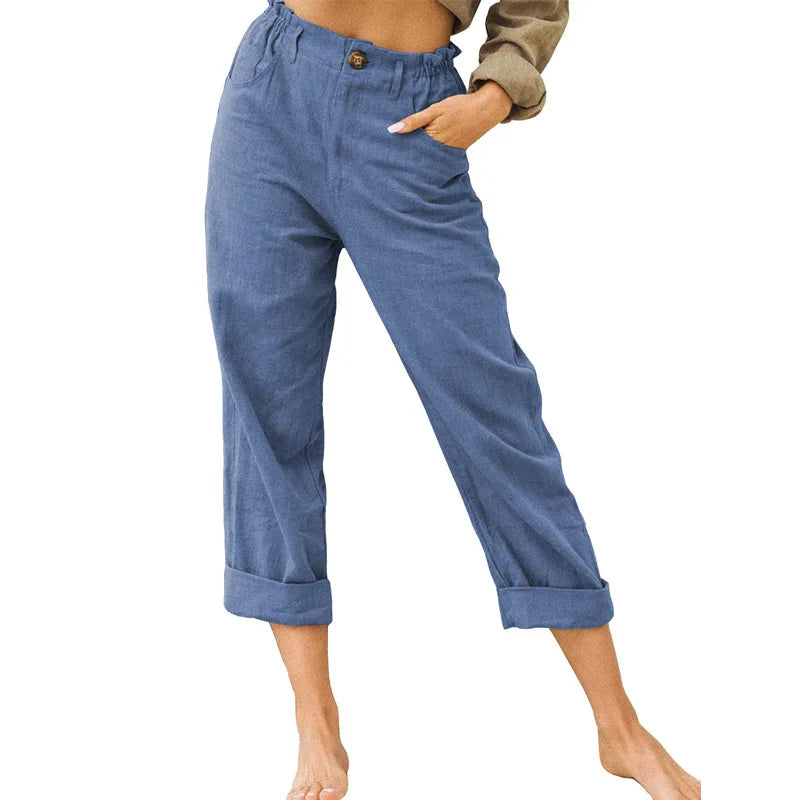 Summer 2024 new ladies cotton and linen straight tube cropped casual and comfortable simple women radish pants