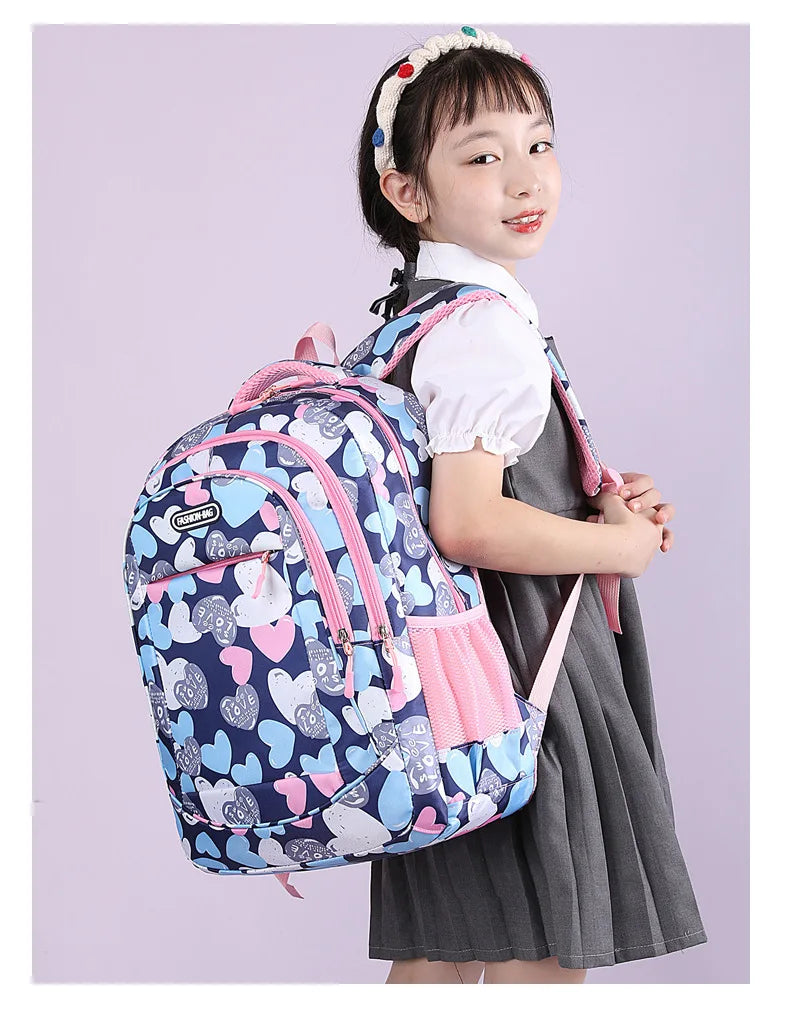 Student Boys And Girls School Bags Love Heart Printed Student Shoulder School Bags 1-6 Grade Light Weight Double  Shoulder Bags