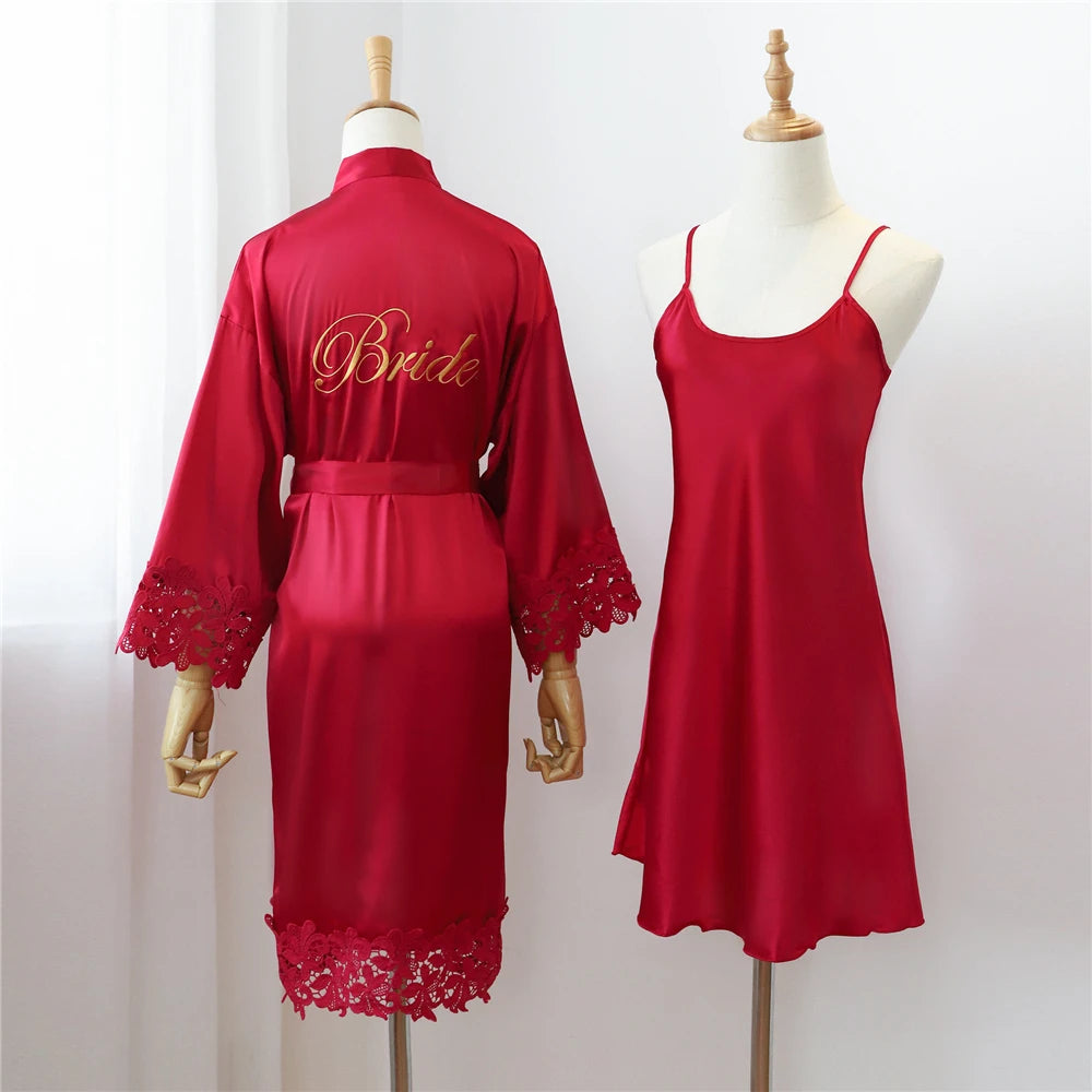 Wedding Embroidery Bride Bridesmaid Kimono Dresses Lace Gown Sexy Women Robes Home Gown Bathrobe Short Night Shirts Sleepwear1PC