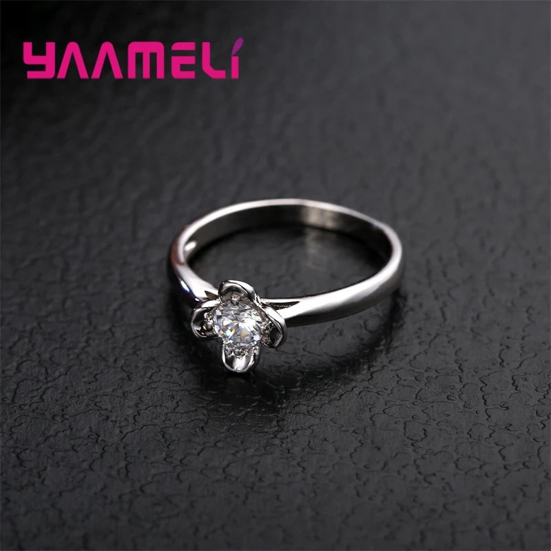 925 Sterling Silver Promise Jewelry Flower Cubic Zirconia Charms for Women Lady Wedding Engagement Ring