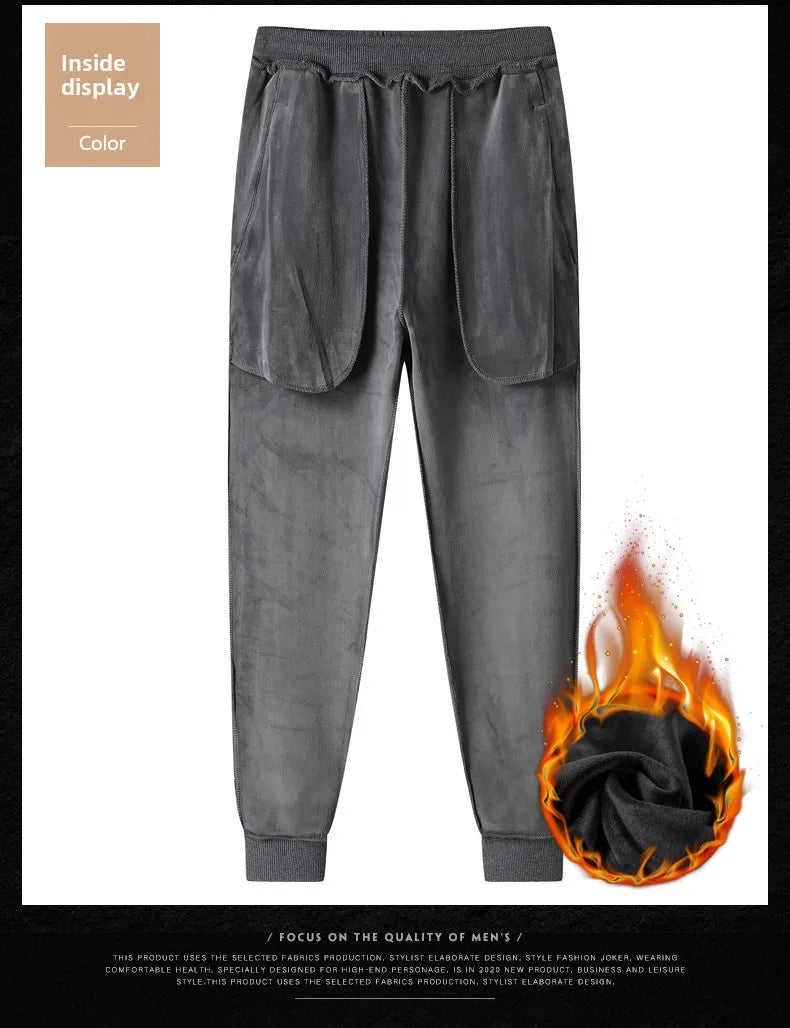 Men's pants 2025 autumn and winter with plush and thickened pure cotton casual sanitary pants, sports leg binding casual pants