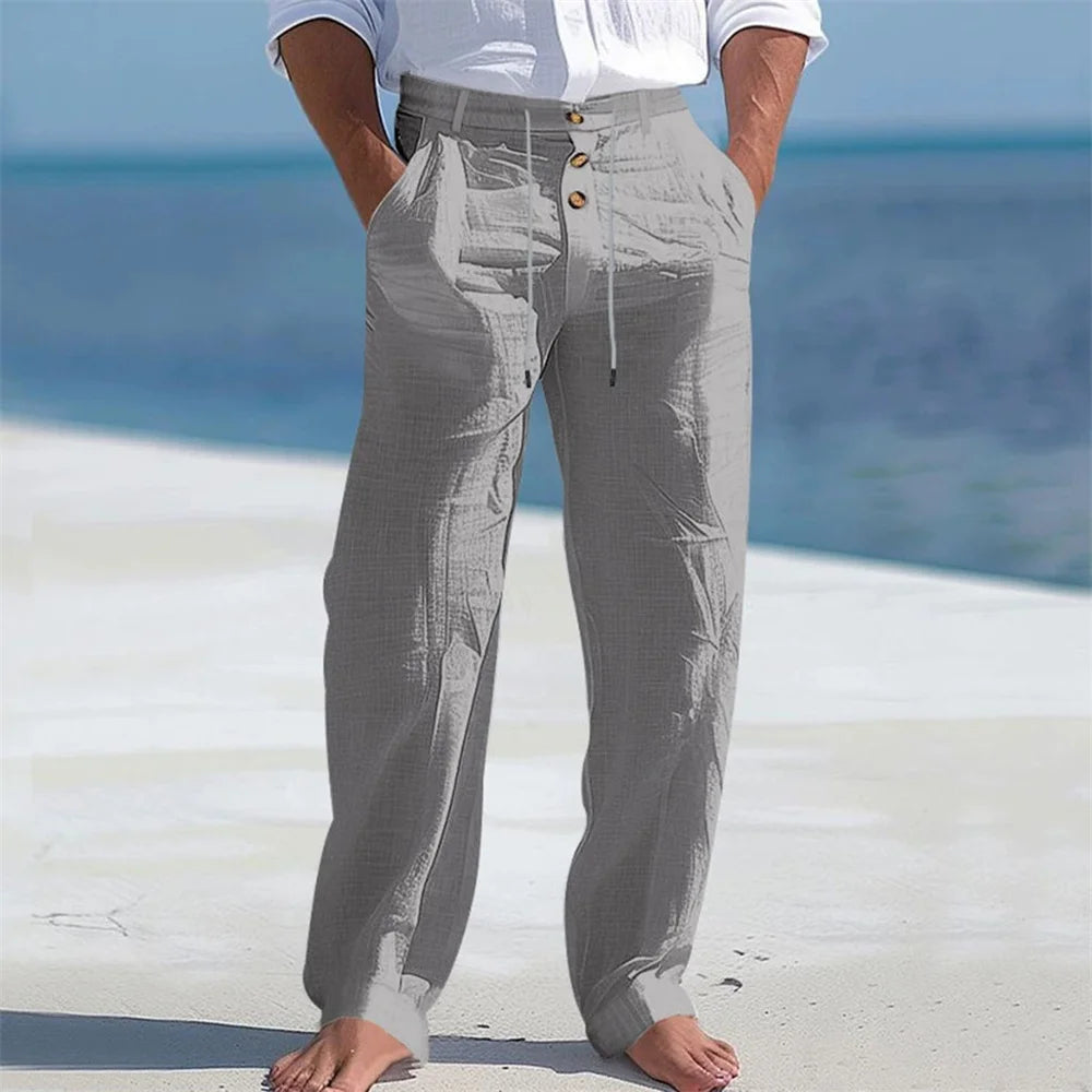Men's Autumn Spring Cotton Pants Casual Breathable Cozy Trousers Button Drawstring Design Beach Style Vacation Long Pants