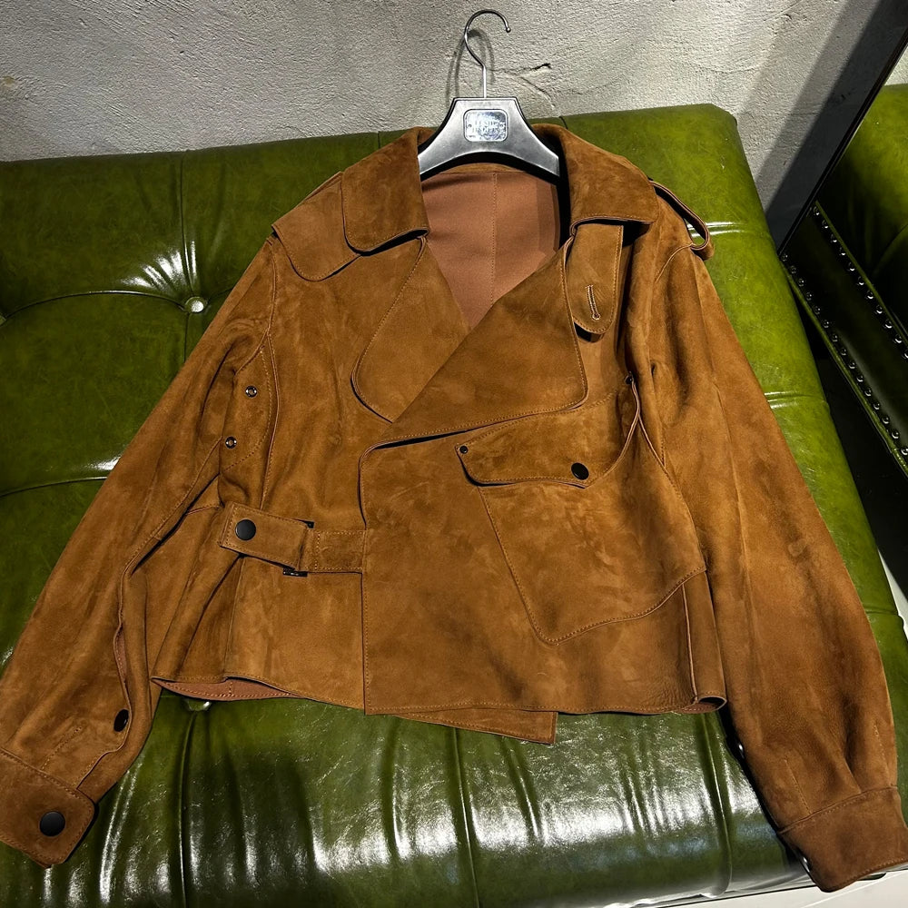 Oversized Brown Suede Women Jacket Real Sheepskin Leather Coat 2026 Loose Outwear