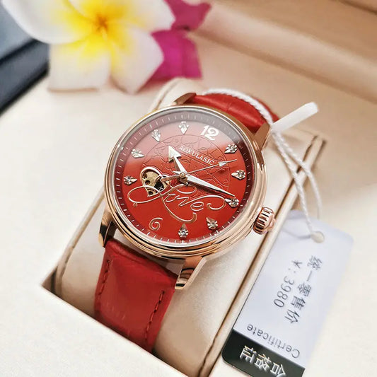 Authentic Fully Automatic Mechanical Watch for Women, Hollow-Out, Luminous, Waterproof, Elegant, High-End, New Korean Style, Simple Watch, the Best Gift for a Girlfriend, No Batteries Needed