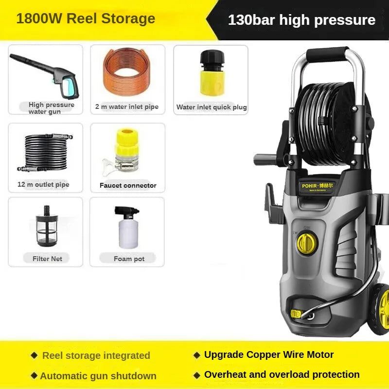 High Pressure Washer 130Bar 220V Home Use with Built in Reel Storage High Power 1800W for Cars & Floors Efficient Cleaning Power