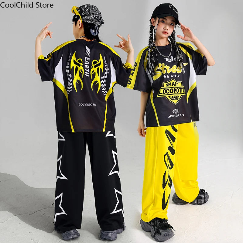 Boys Hip Hop Contrast T-shirt Yellow Vest Sweat Pants Girls Street Dance Jazz Costume Children Clothes Set Kids K-pop Streetwear