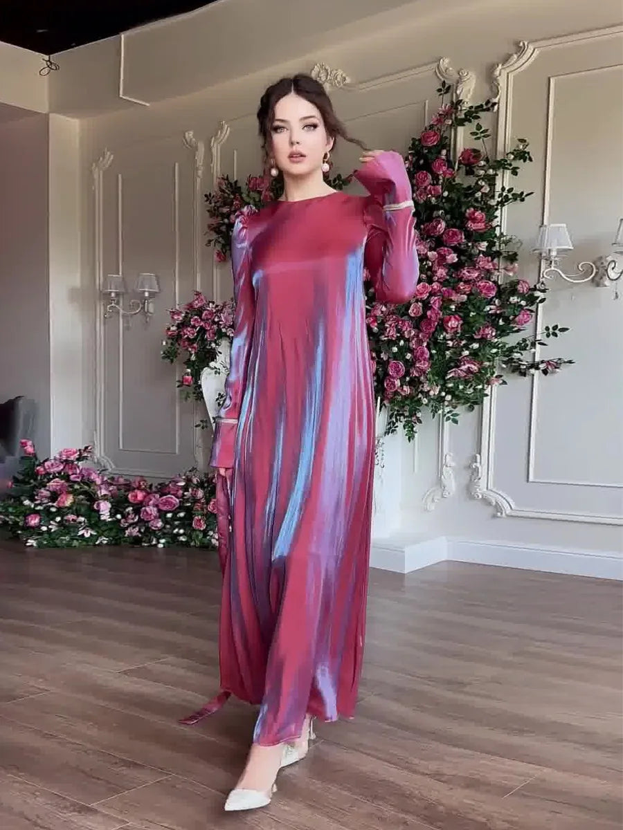 Eid Muslim Silky Satin Dress for Women Abaya Morocco Party Dresses Ramadan Lace-up Kaftan Saudi Islam Elegant Vestidos Long Robe