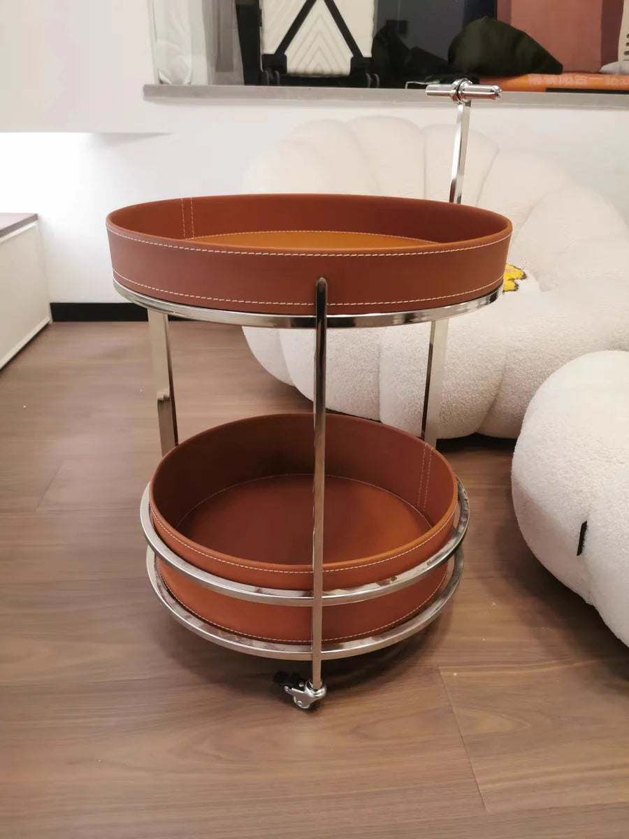 2026 New Light Luxury Sofa Side Table Movable Hotel Room Saddle Leather Trolley Home Bedroom Storage Bedside Small Coffee Table