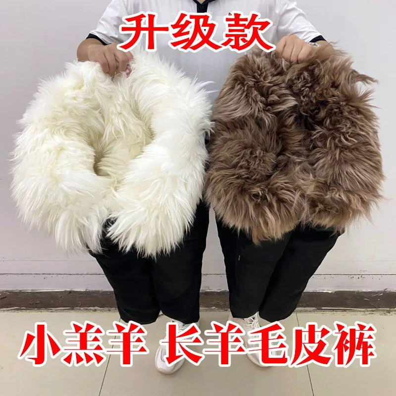 Men Women Pure Sheepskin Fur Leather Pants Middle Aged Warm Thickened Padded Wool Cotton Pants Outdoor Wear-resistant Pants