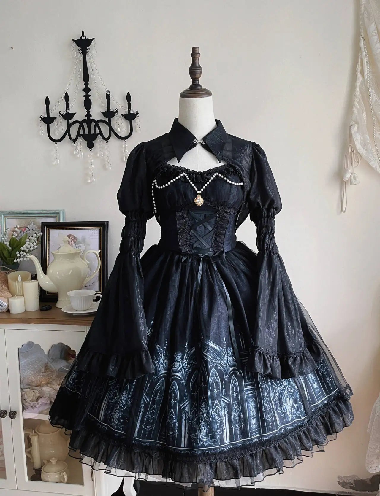 2025 Lolita Dark Gothic Style Sweet Ruffles Jsk Dress Summer Personality Girls Lace-up High Waist A-line Dress Long Sleeve Shirt