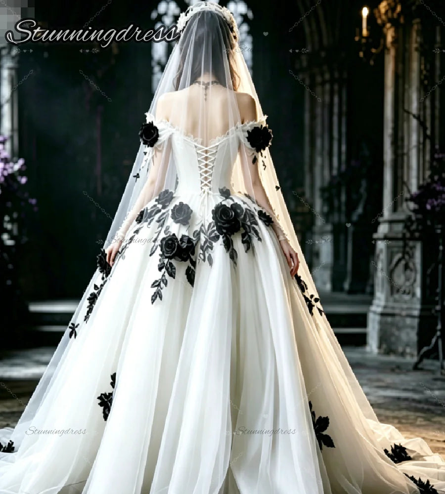 Gothic White Wedding Dress Wth Black 3D Rose Florals Off Shoulder Corset Tulle Ball Gown Princess Bride Dresses Victorian Witchy