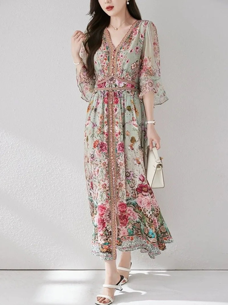 Green Silk Dress for Women in the Summer of 2026 Luxurious High-end Exquisite and Elegant Temperament Mulberry Silk Vacation WLF