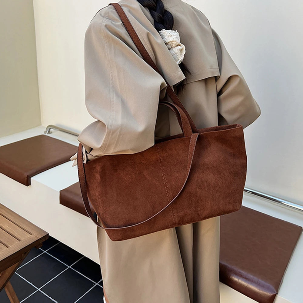 Large Capacity Tote Women Bag Retro Faux Suede Shoulder Bag Quitting Designer Bags for Women Handbag Commuting Shopper Purses