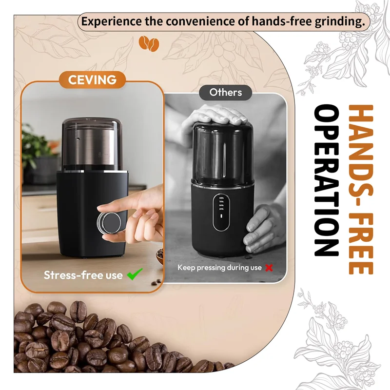B59B-Hands-Free Blade Coffee Grinder, Cordless Coffee Mill,Rechargeable Battery With Removable Bowl, For Camping, Travel,Etc.