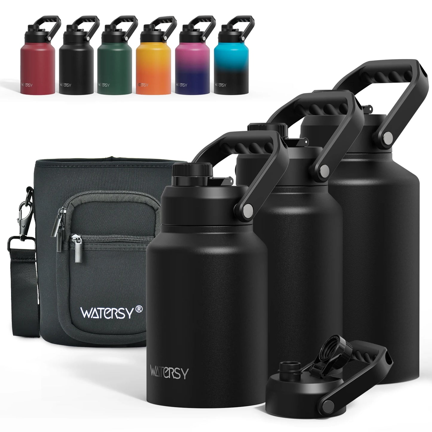 WATERSY 64/87/128oz Insulated Water Bottle Keep Cold for 48H 2L Large Stainless Steel Thermos with Handle for Gym Hiking Camping