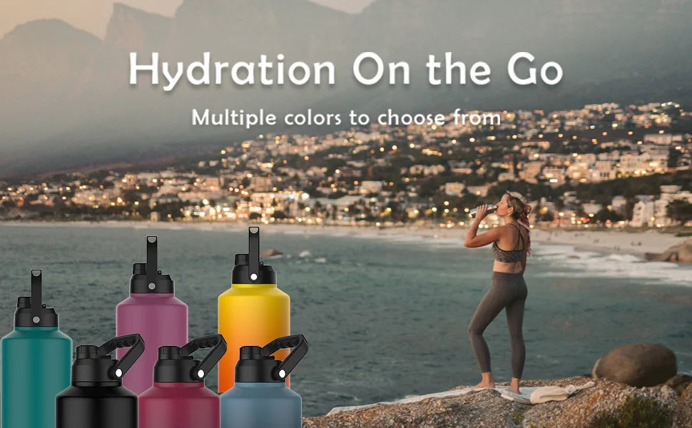 WATERSY 64/87/128oz Insulated Water Bottle Keep Cold for 48H 2L Large Stainless Steel Thermos with Handle for Gym Hiking Camping