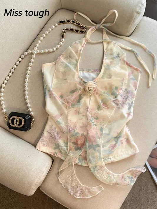 Summer Floral Halter Top Women Sweet Fairy Lace Bow Slim Fit Sleeveless Blouse Elegant Cute Mesh Transparent Layer Shirt Vest