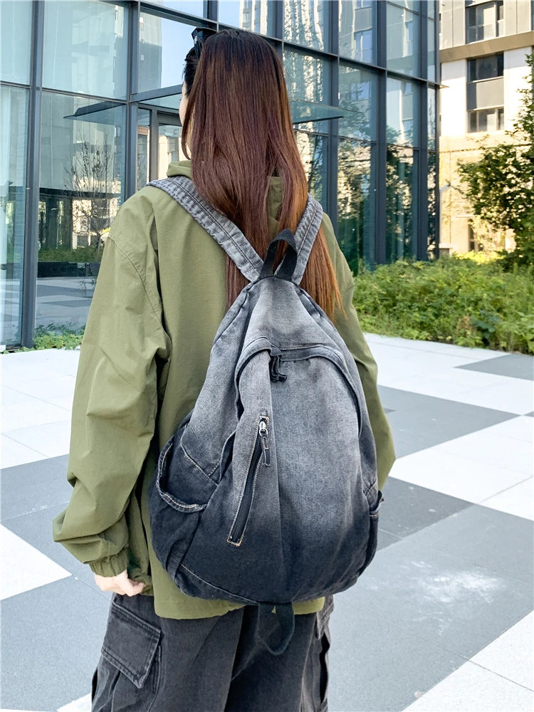 Men's and Women's Backpacks, Student School Bags, Large-Capacity Washed Denim Bags