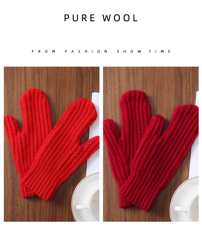 100 Wool Thick Density Knitted Mittens Women Outdoor Winter Thermal Men Cable Mitts Work Drive Mittens Unisex Gloves Arm Warmers