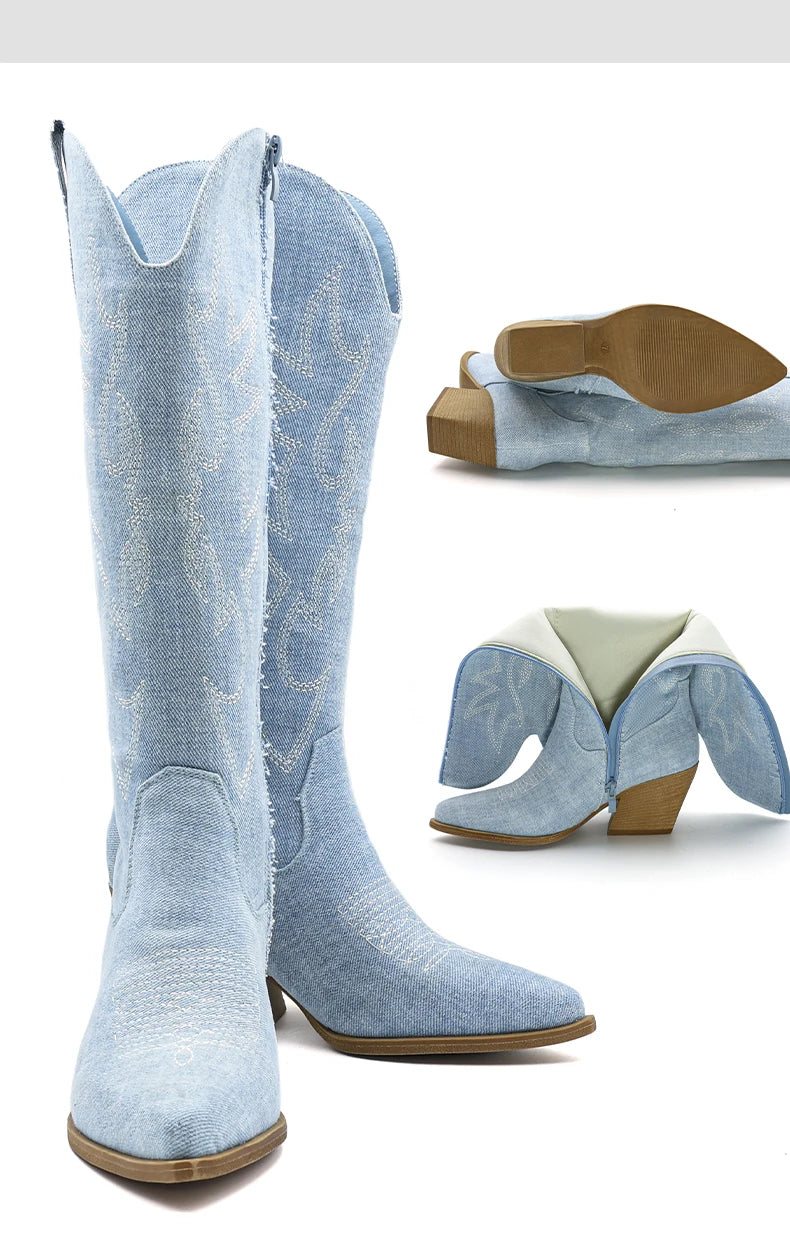 Shoes for Women New Embroidered Western Cowboy Boots Women Autumn Pointed Toe Thick Heel High Knee Boots