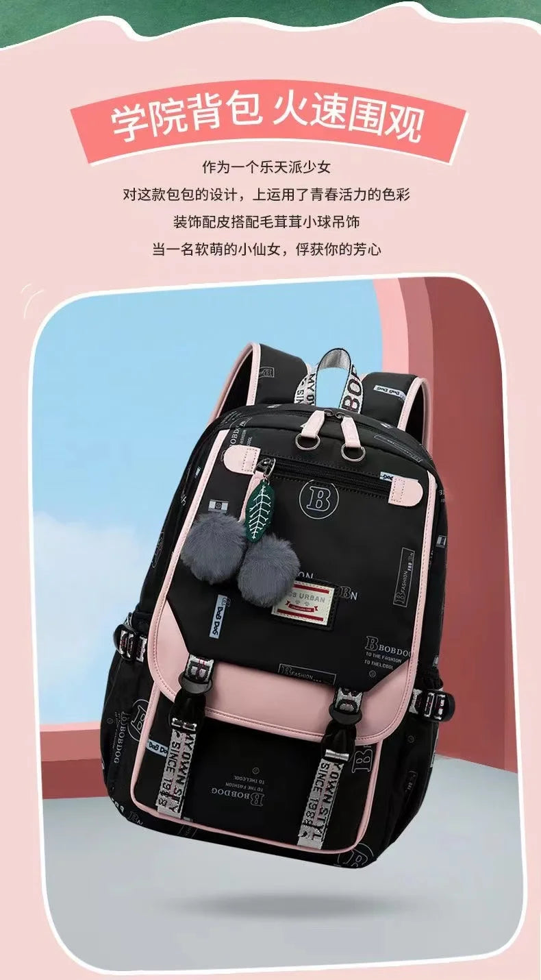 Large School Bags for Teenage Girls Canvas Schoolbag Student Book Bag Fashion Black Pink Teen School Backpack