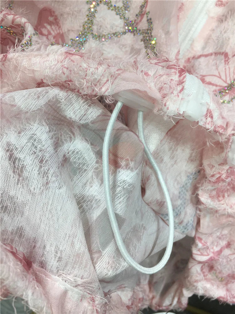 Women Hot Drilling Diamonds Beaded Sunscreen Hoodies Shirts Coat Strawberry Butterfly Lace Spliced Blouses Zipper Cardigan Tops