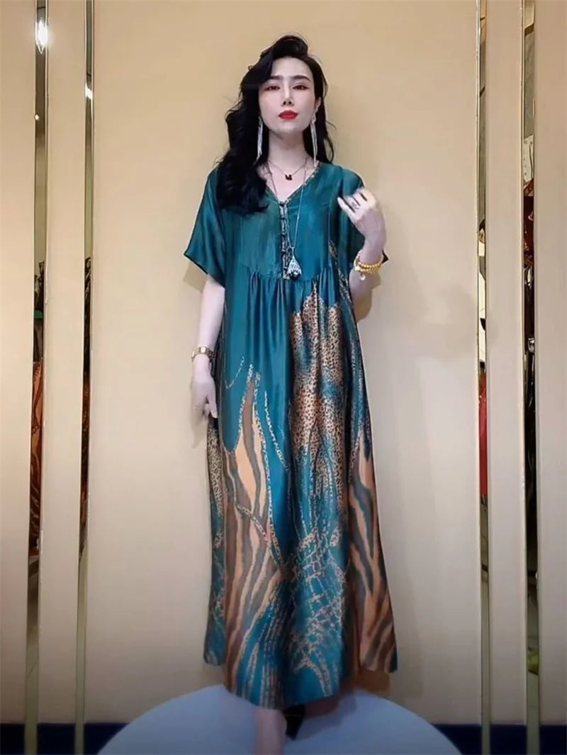 High end brand Ice silk dress 2025 Summer New Style Stylish and Fashionable Covering Belly Slim Women's French Silk Long Dress