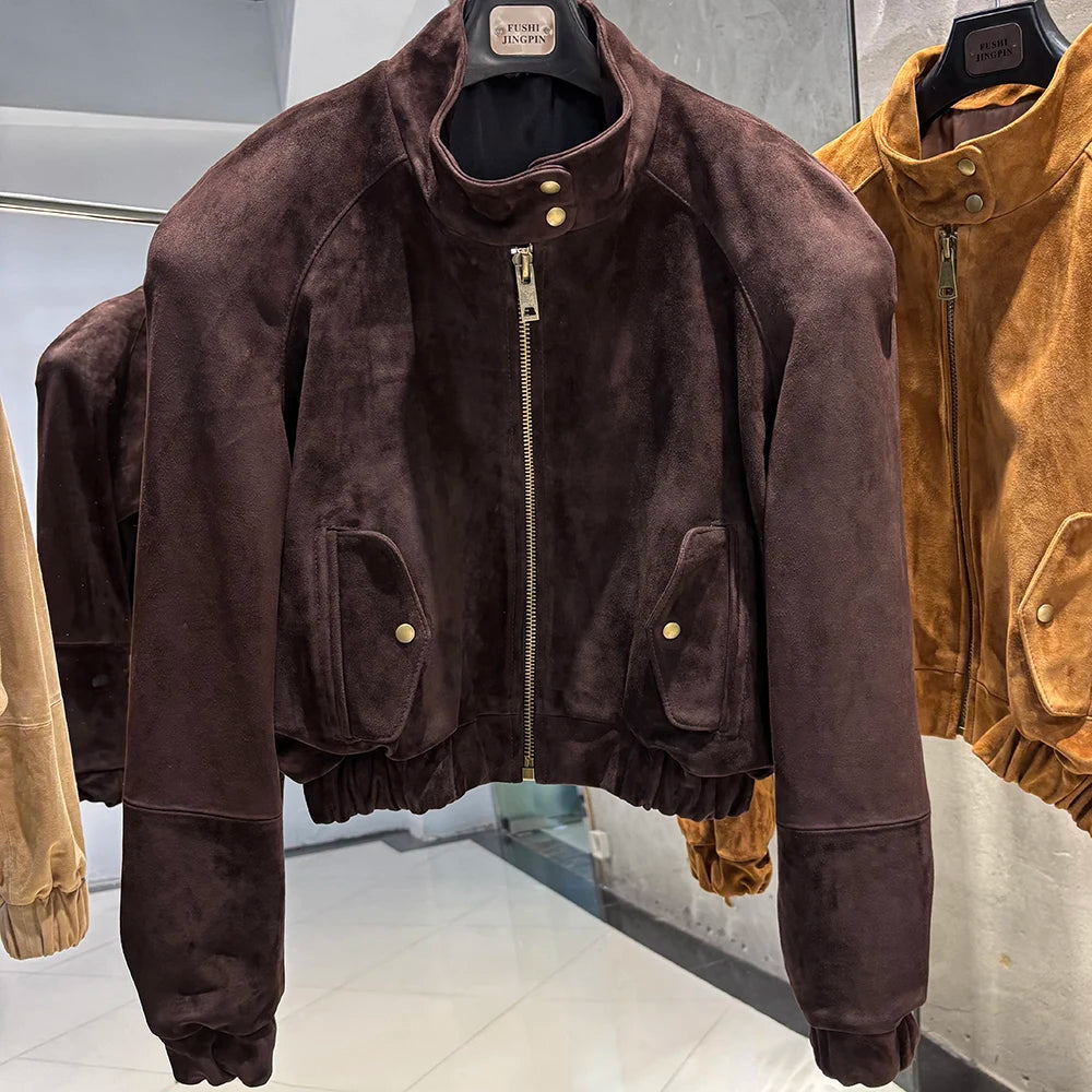 YOLOAgain Suede Leather Jacket Coat Women Real Leather Cropped Jacket Bomber Jacket 2025 Autumn