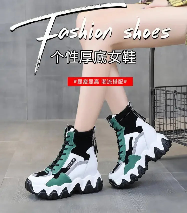 2024 Women Thick Sole Ankle Boots Autumn Luxury Platform Casual Boots Women's 8cm High Heels Wedge Boots Shoes Woman Sneakers