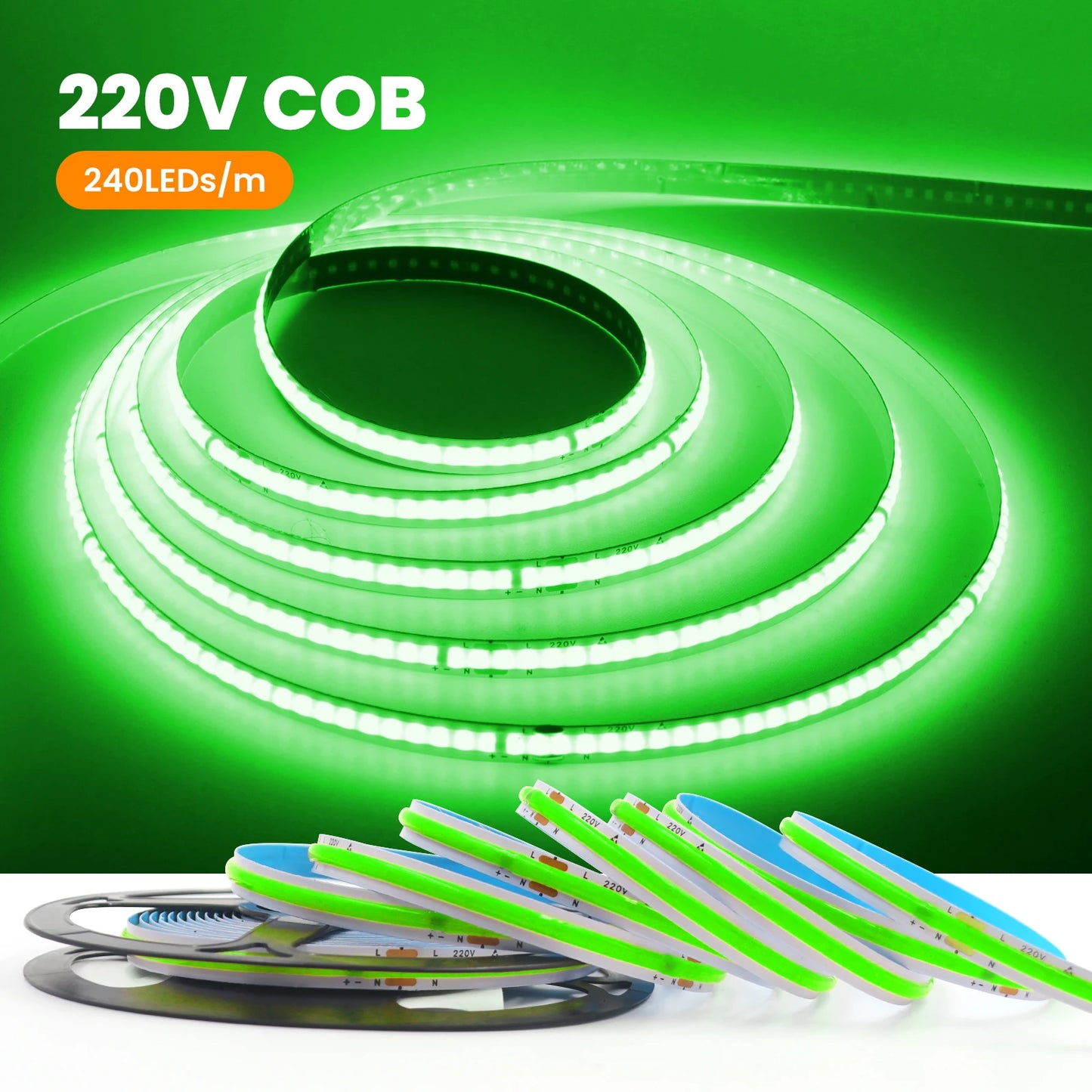 AC 220V COB Strip 240Leds/M 5M 10M 20M 50M/Roll Red/Green/Ice Blue/Pink/White/Purple Flexible Ribbon LED Light For Home Decor